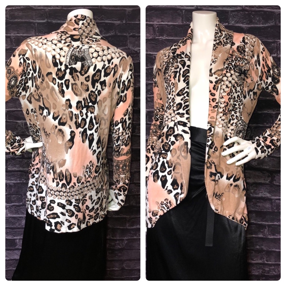 NWOT Cyrus Pearl & Animal Print Open Front Sweater Small (4-6)